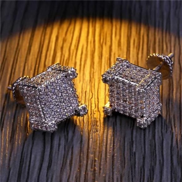 14K Gold Plated 925 Sterling Silver Iced Out Large Stud Earrings for Men Women - Picture 4 of 8